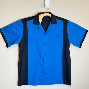 Hilton Bowling Shirt Blue Black Color Block Retro Camp Collar Medium